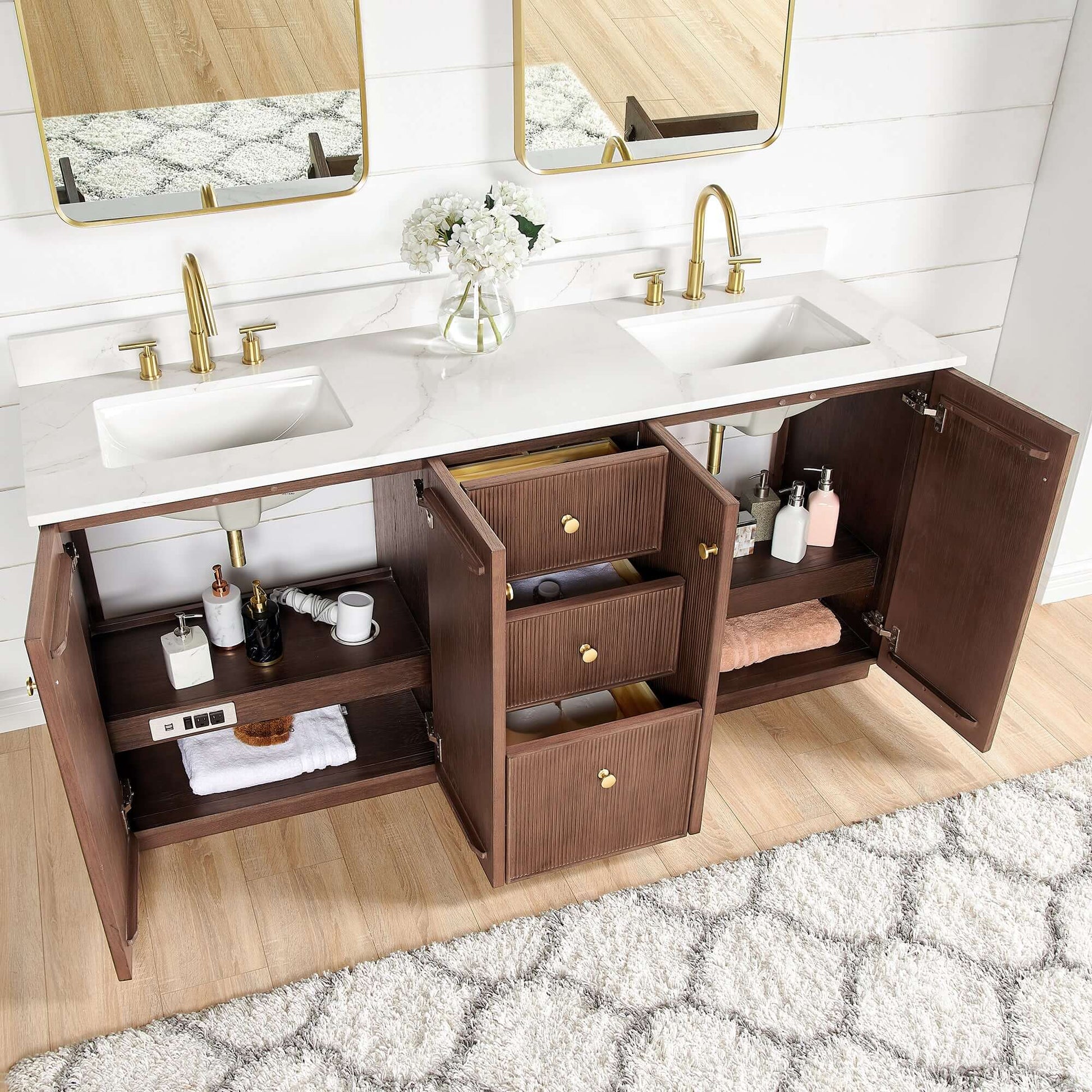 Vinnova Oza 72-inch free-standing double bathroom vanity in aged dark brown oak with Fish Maw white quartz stone top and mirror