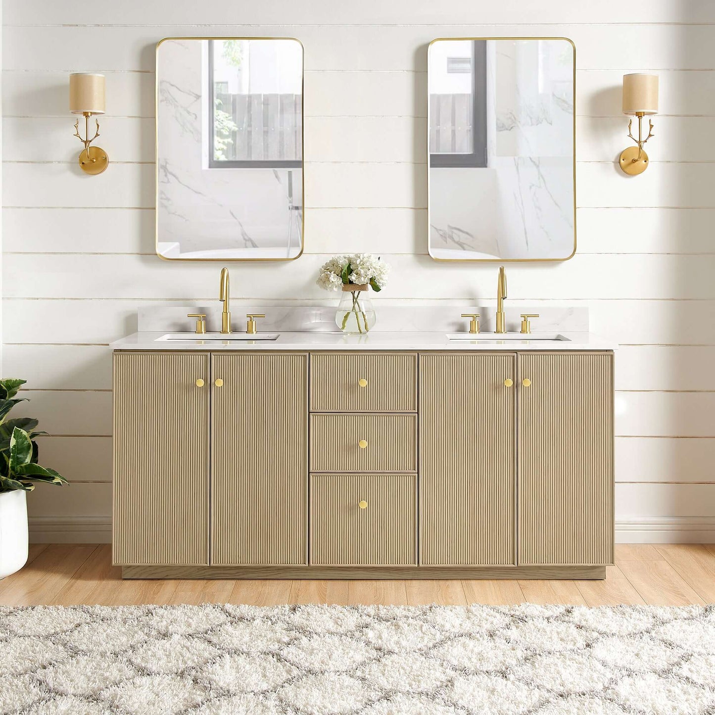 Vinnova Oza 72-inch free-standing double bathroom vanity in aged natural oak with Fish Maw white quartz stone top