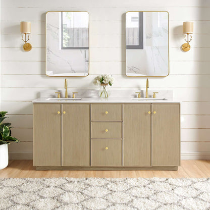 Vinnova Oza 72-inch free-standing double bathroom vanity in aged natural oak with Fish Maw white quartz stone top