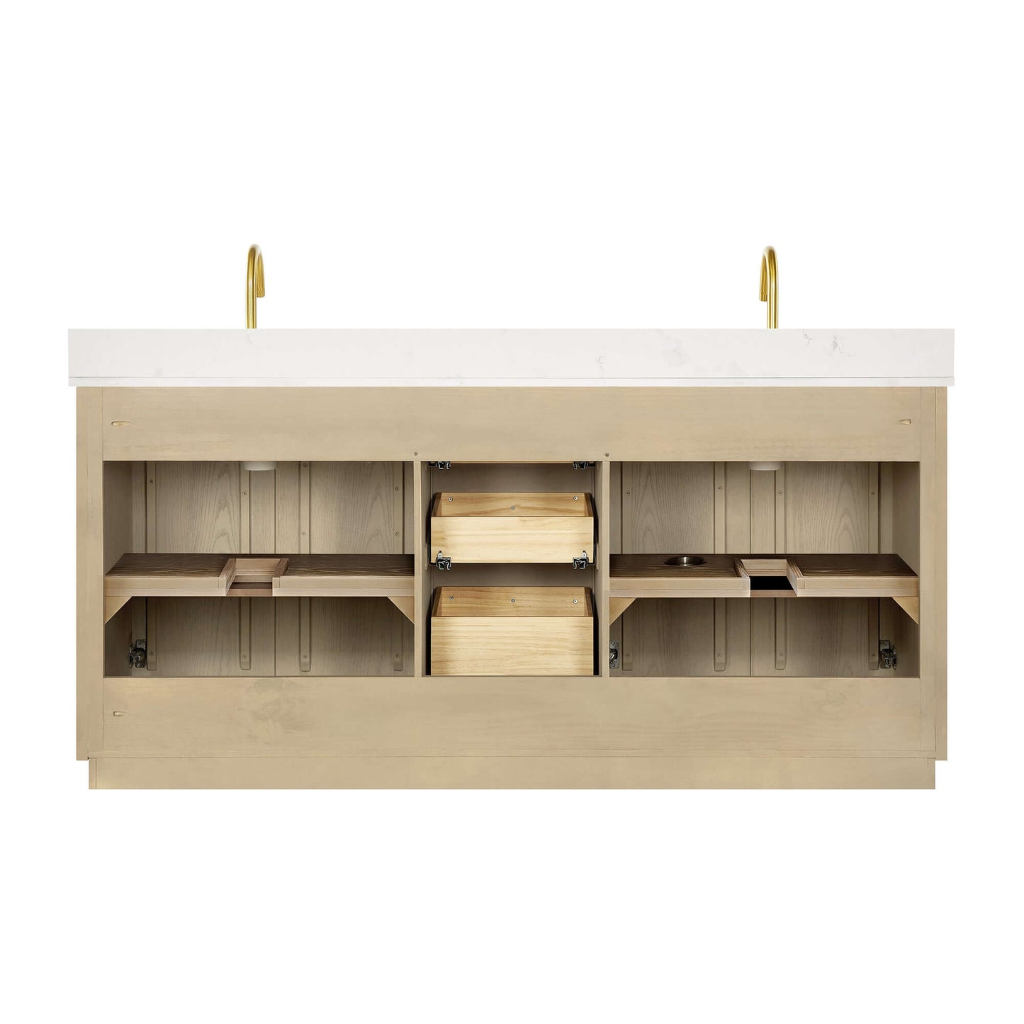 Vinnova Oza 72-inch free-standing double bathroom vanity in aged natural oak with Fish Maw white quartz stone top