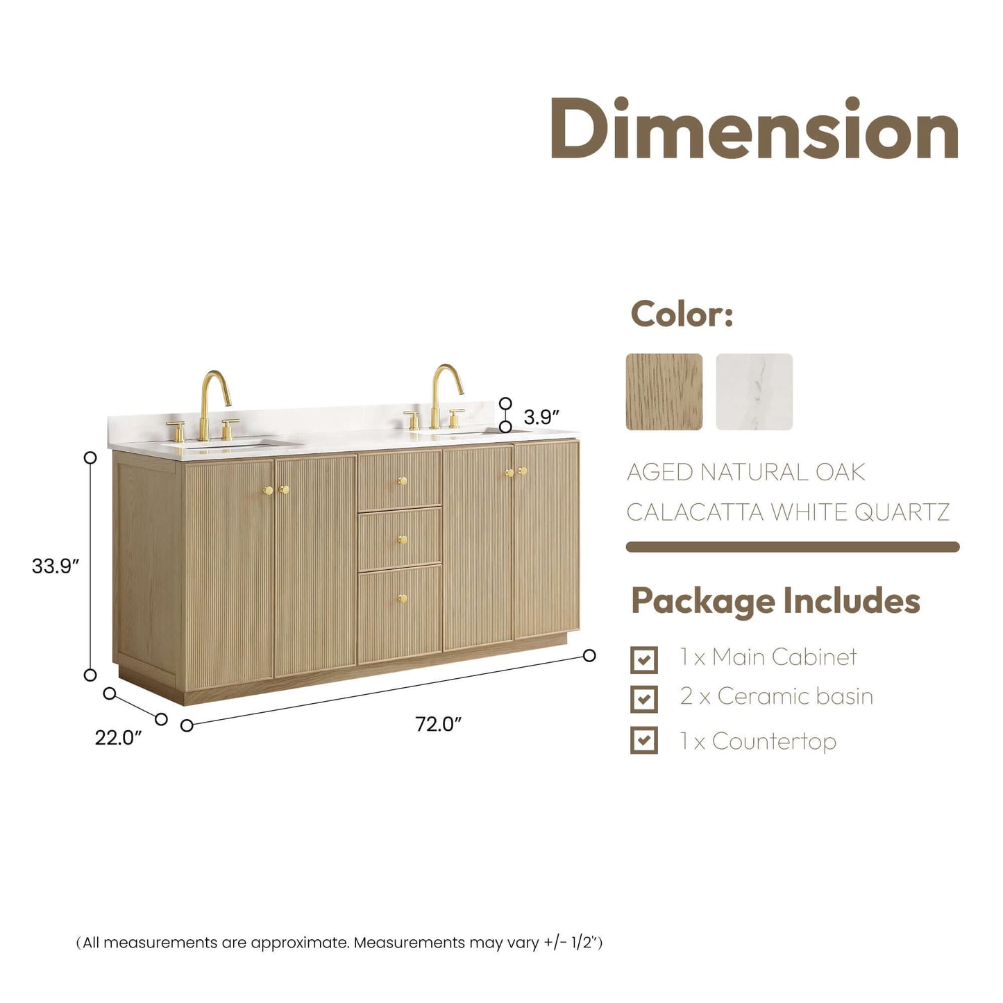 Vinnova Oza 72-inch free-standing double bathroom vanity in aged natural oak with Fish Maw white quartz stone top