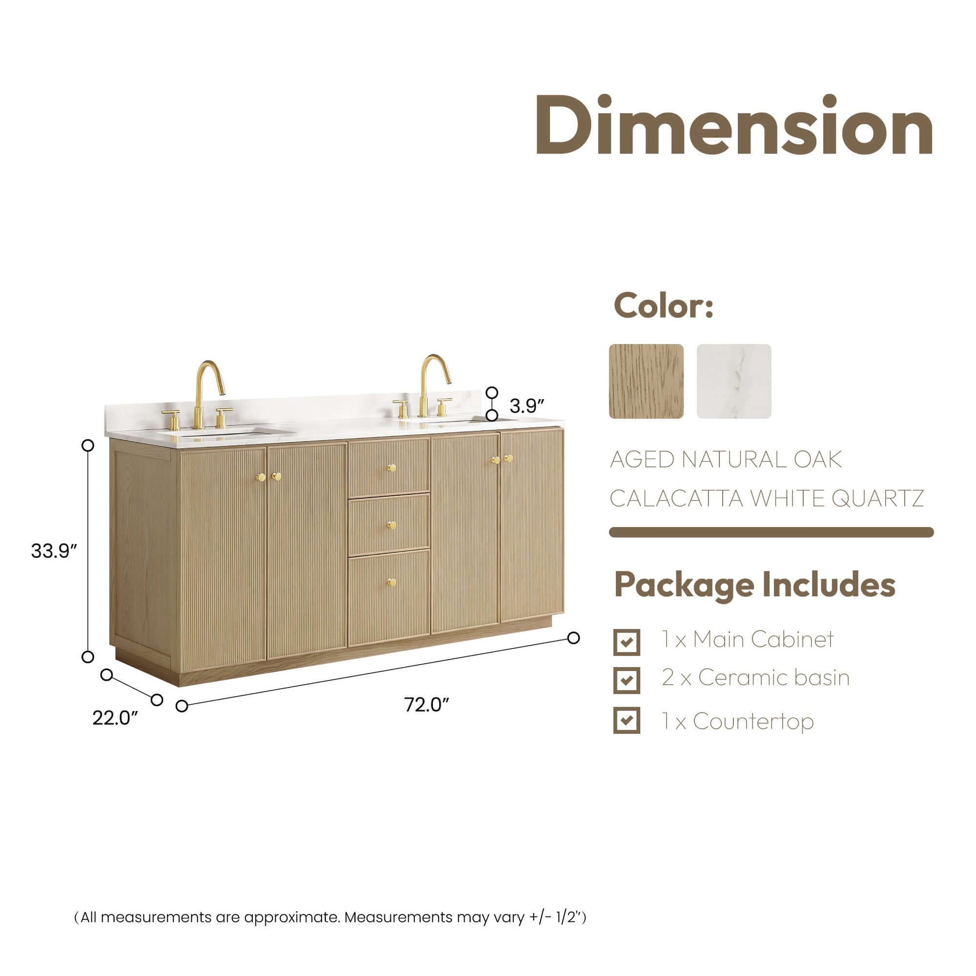 Vinnova Oza 72-inch free-standing double bathroom vanity in aged natural oak with Fish Maw white quartz stone top