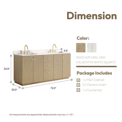 Vinnova Oza 72-inch free-standing double bathroom vanity in aged natural oak with Fish Maw white quartz stone top