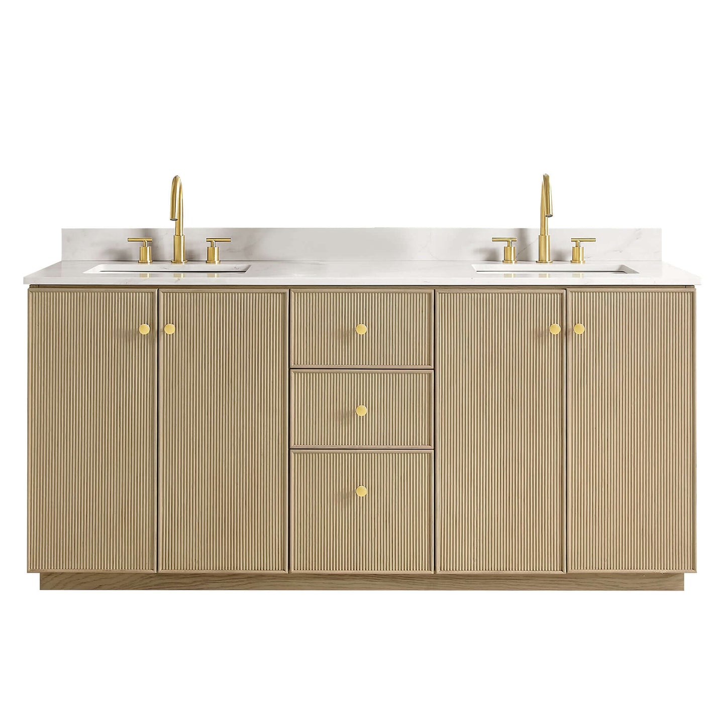 Vinnova Oza 72-inch free-standing double bathroom vanity in aged natural oak with Fish Maw white quartz stone top