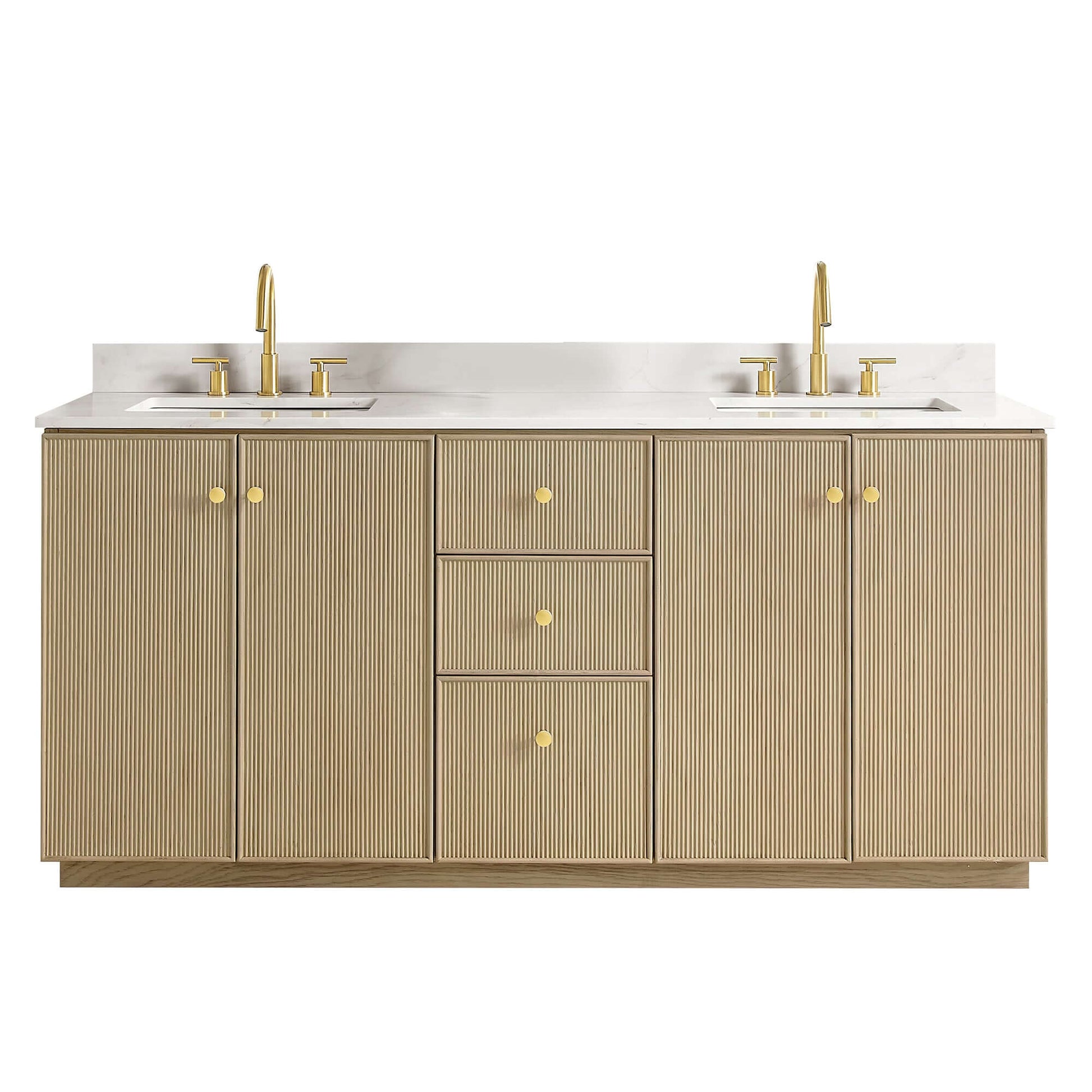 Vinnova Oza 72-inch free-standing double bathroom vanity in aged natural oak with Fish Maw white quartz stone top