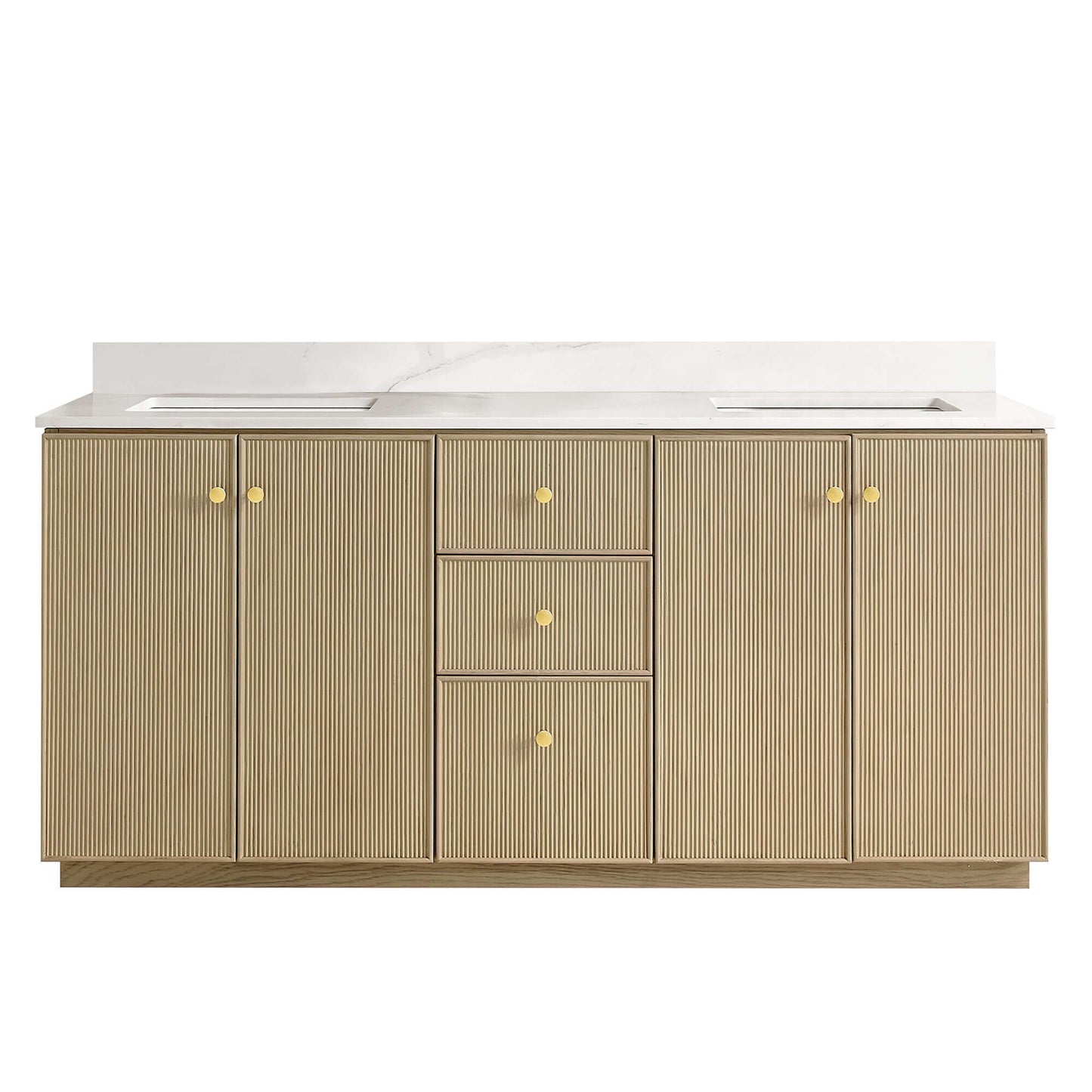 Vinnova Oza 72-inch free-standing double bathroom vanity in aged natural oak with Fish Maw white quartz stone top