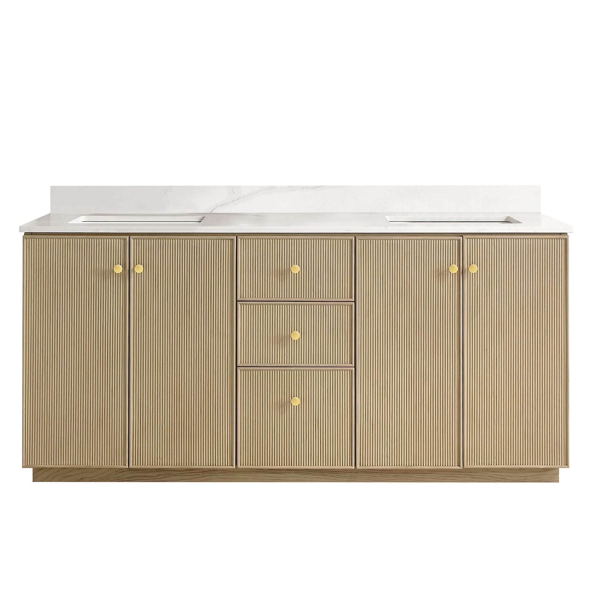 Vinnova Oza 72-inch free-standing double bathroom vanity in aged natural oak with Fish Maw white quartz stone top