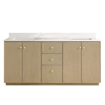 Vinnova Oza 72-inch free-standing double bathroom vanity in aged natural oak with Fish Maw white quartz stone top