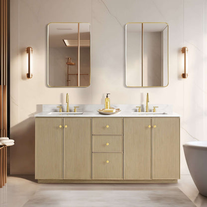 Vinnova Oza 72-inch free-standing double bathroom vanity in aged natural oak with Fish Maw white quartz stone top