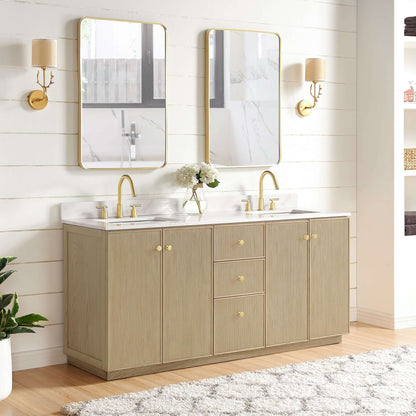 Vinnova Oza 72-inch free-standing double bathroom vanity in aged natural oak with Fish Maw white quartz stone top