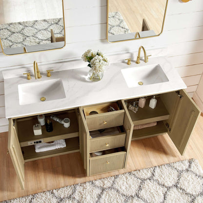 Vinnova Oza 72-inch free-standing double bathroom vanity in aged natural oak with Fish Maw white quartz stone top