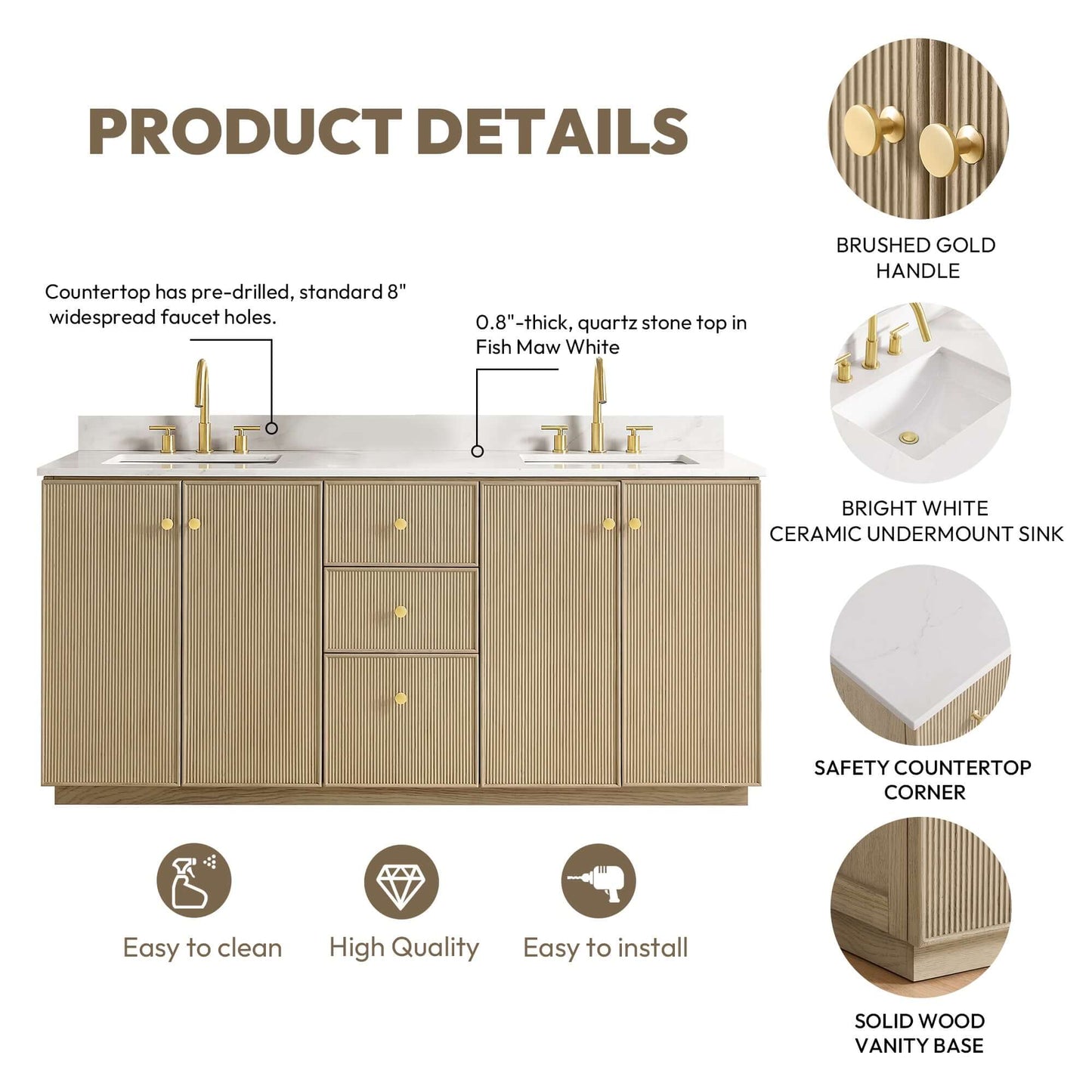 Vinnova Oza 72-inch free-standing double bathroom vanity in aged natural oak with Fish Maw white quartz stone top and mirror