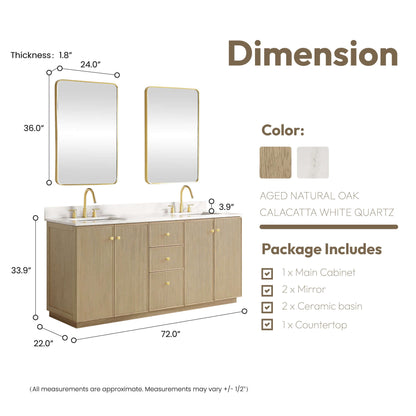 Vinnova Oza 72-inch free-standing double bathroom vanity in aged natural oak with Fish Maw white quartz stone top and mirror