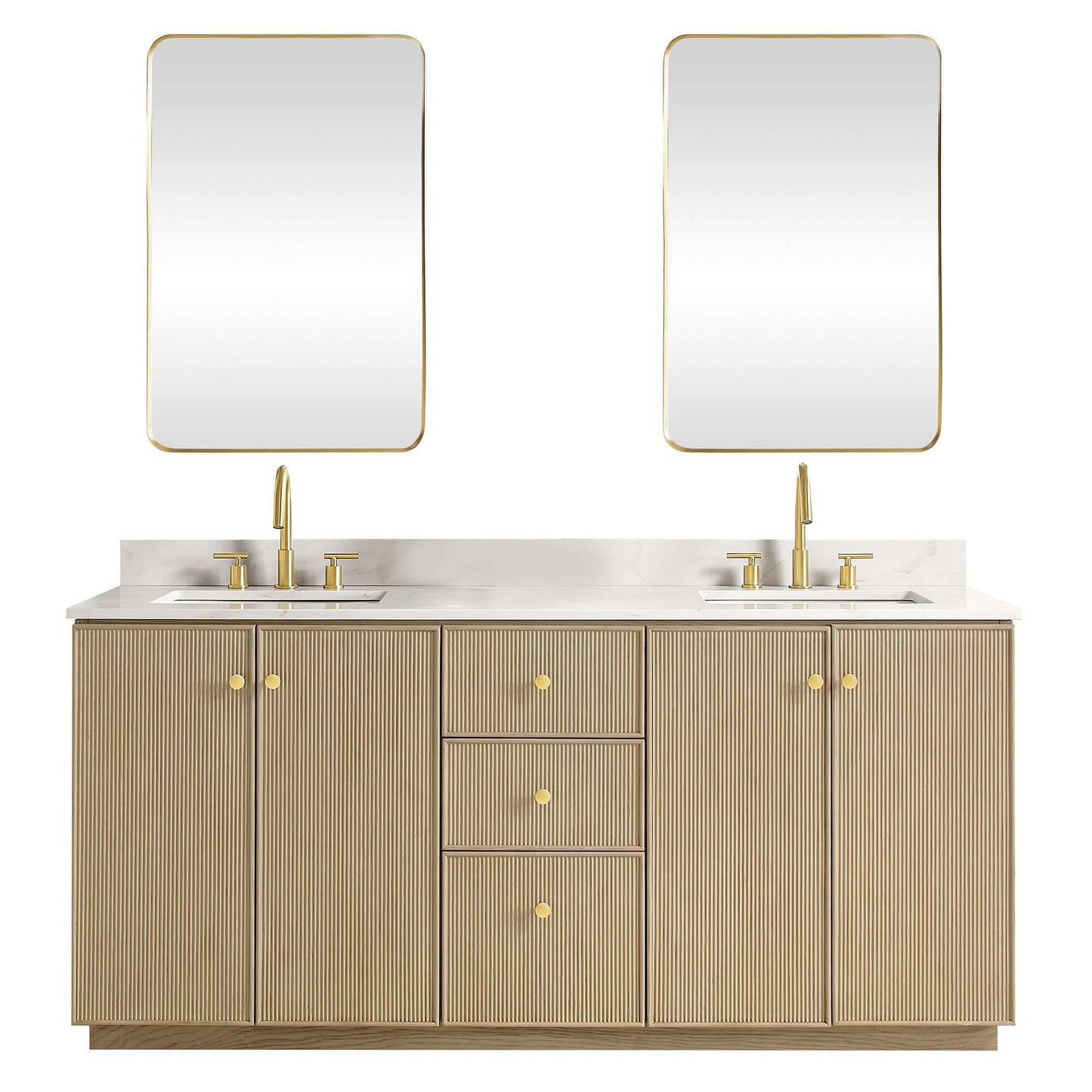 Vinnova Oza 72-inch free-standing double bathroom vanity in aged natural oak with Fish Maw white quartz stone top and mirror