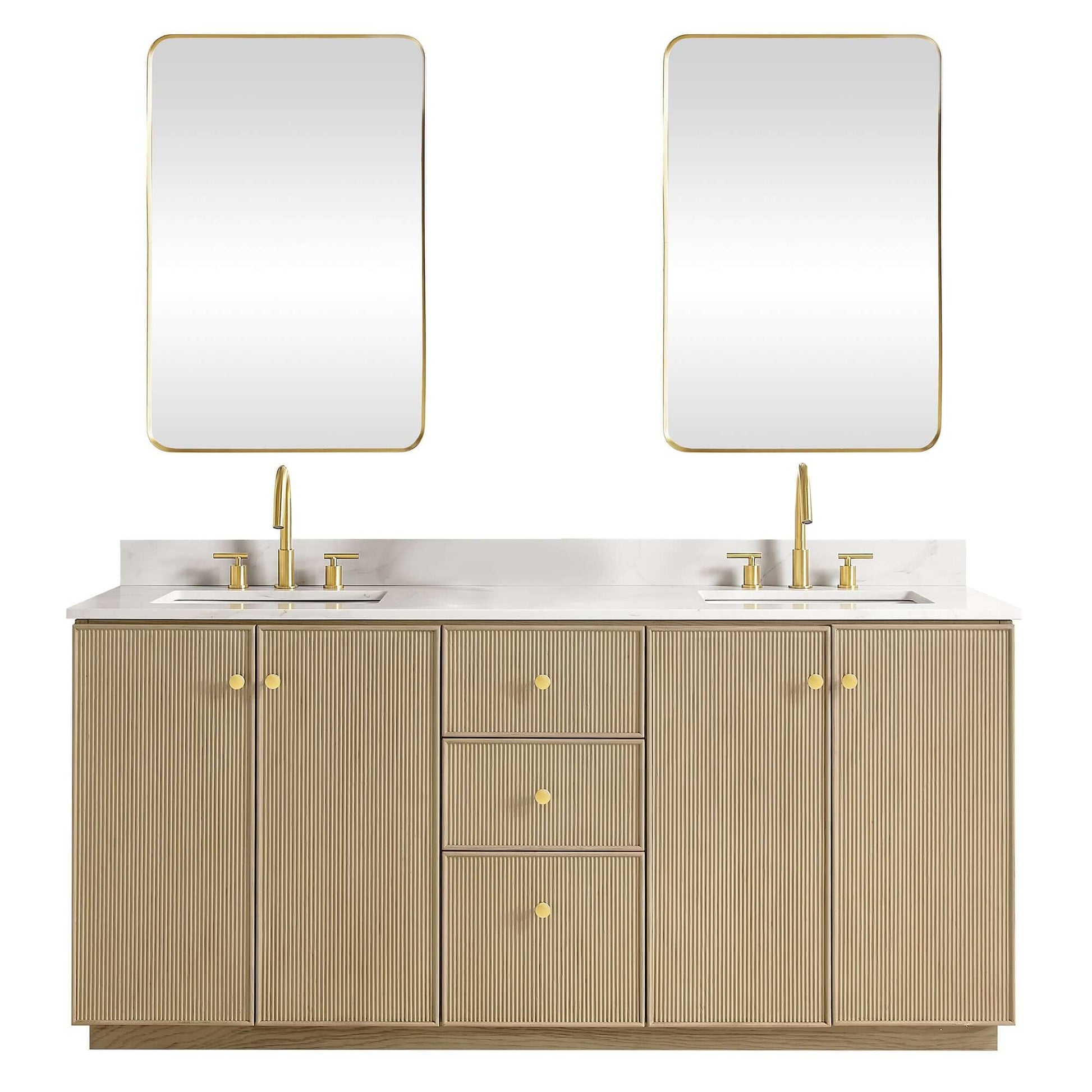 Vinnova Oza 72-inch free-standing double bathroom vanity in aged natural oak with Fish Maw white quartz stone top and mirror