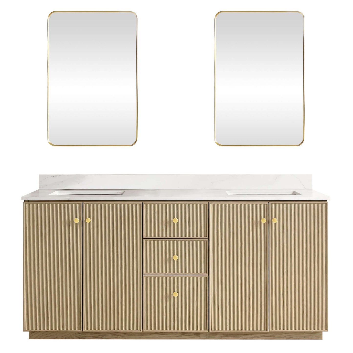 Vinnova Oza 72-inch free-standing double bathroom vanity in aged natural oak with Fish Maw white quartz stone top and mirror