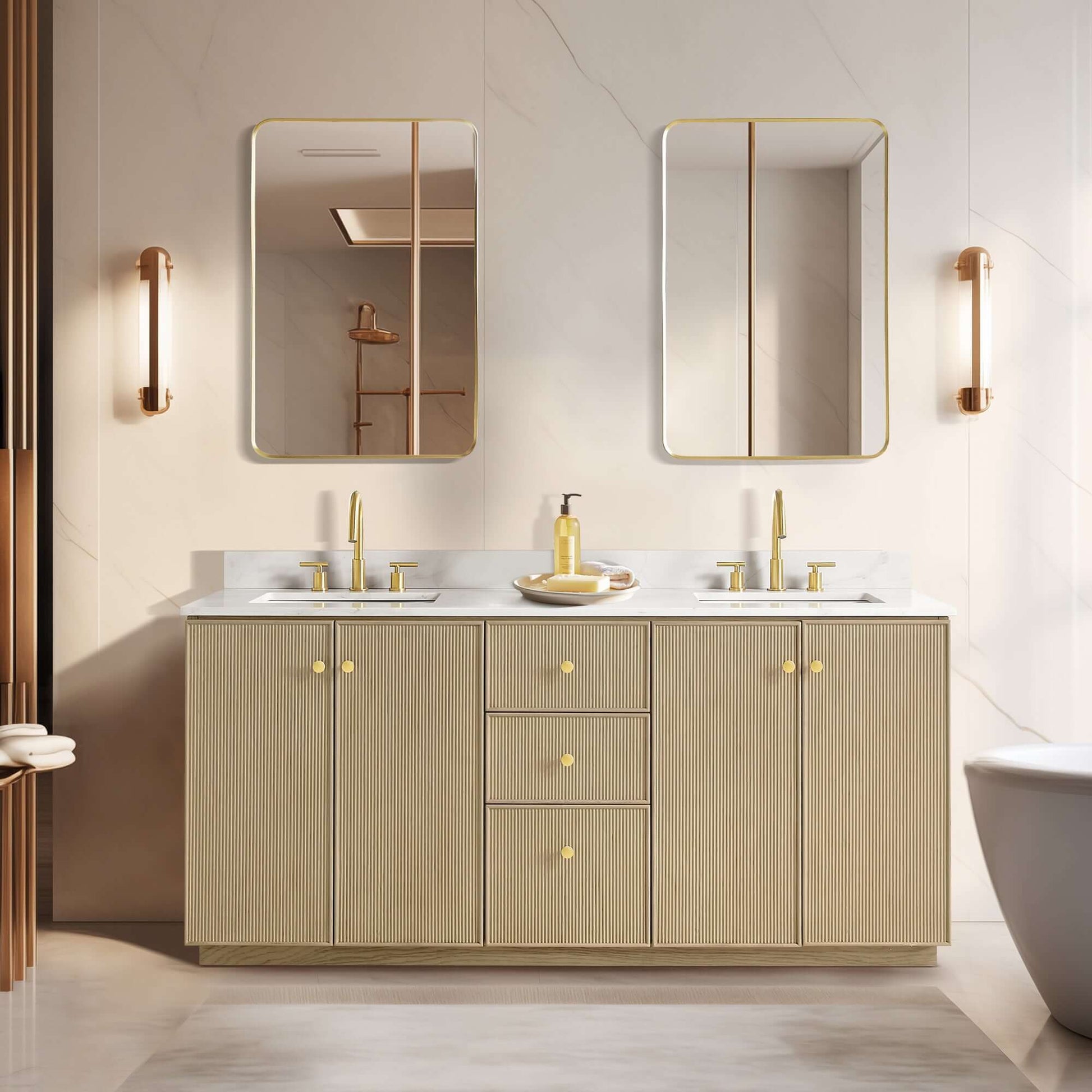 Vinnova Oza 72-inch free-standing double bathroom vanity in aged natural oak with Fish Maw white quartz stone top and mirror