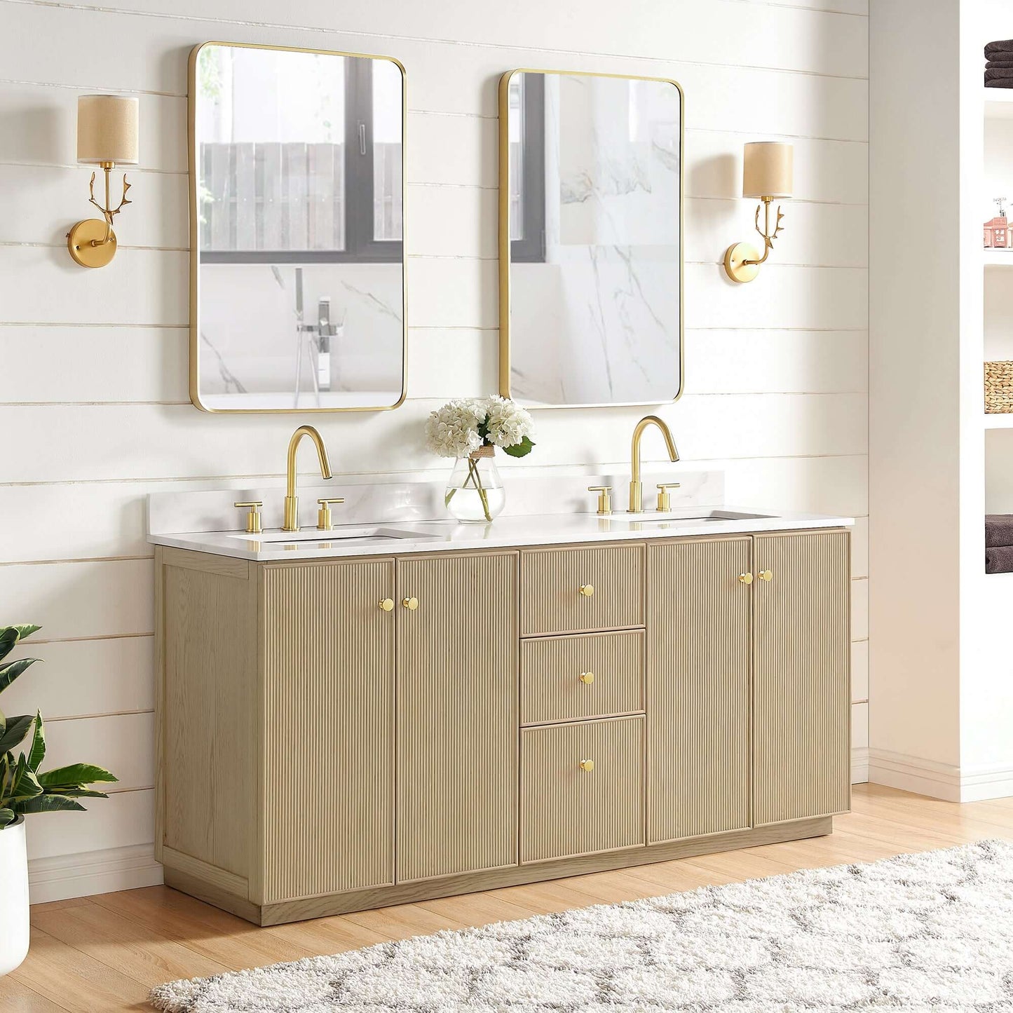 Vinnova Oza 72-inch free-standing double bathroom vanity in aged natural oak with Fish Maw white quartz stone top and mirror