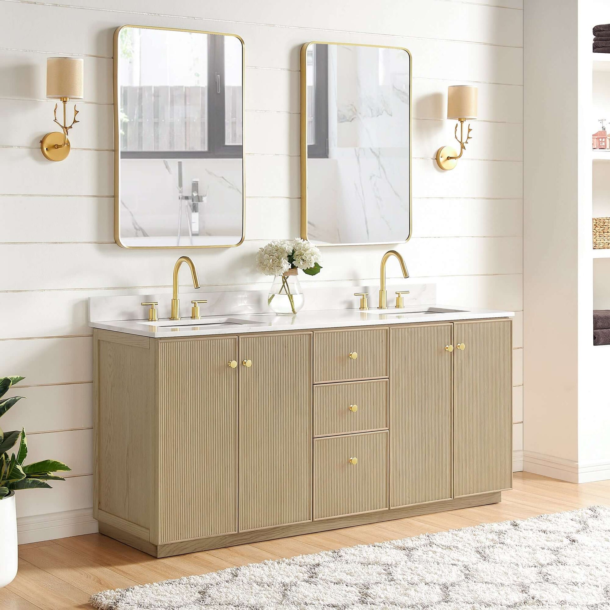 Vinnova Oza 72-inch free-standing double bathroom vanity in aged natural oak with Fish Maw white quartz stone top and mirror