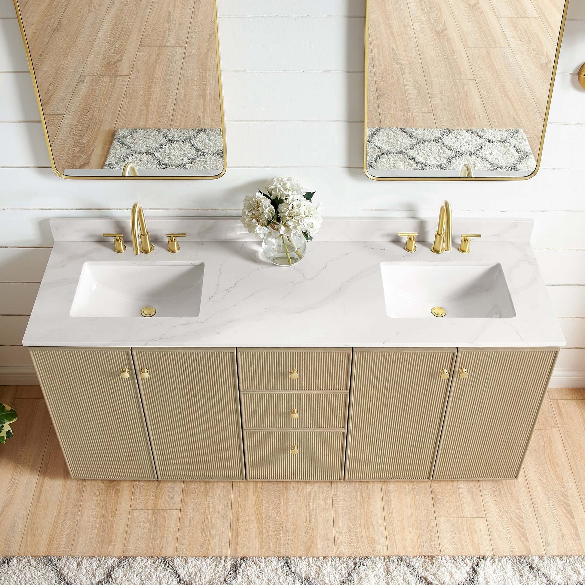 Vinnova Oza 72-inch free-standing double bathroom vanity in aged natural oak with Fish Maw white quartz stone top and mirror