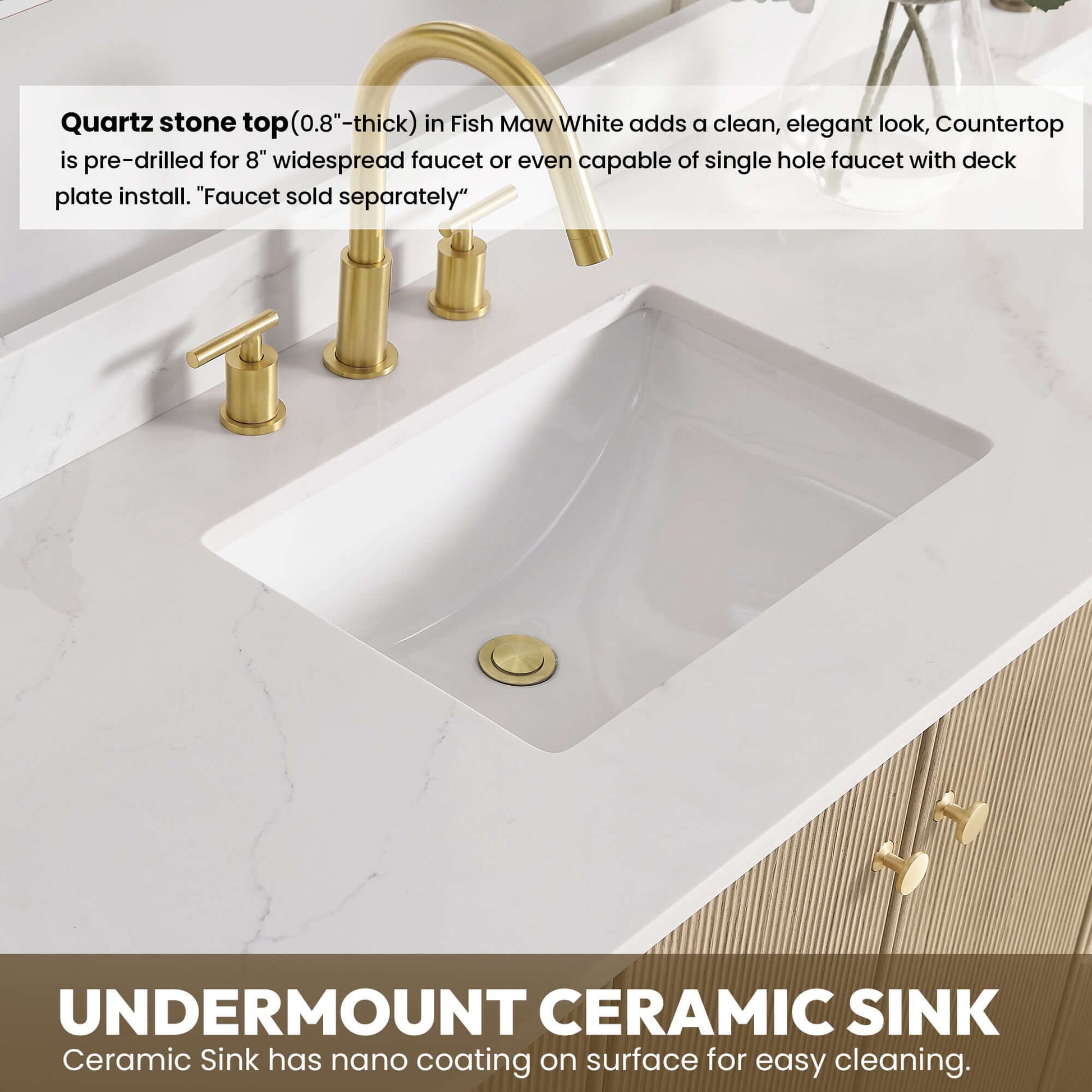 Vinnova Oza 72-inch free-standing double bathroom vanity in aged natural oak with Fish Maw white quartz stone top and mirror