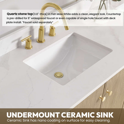 Vinnova Oza 72-inch free-standing double bathroom vanity in aged natural oak with Fish Maw white quartz stone top and mirror