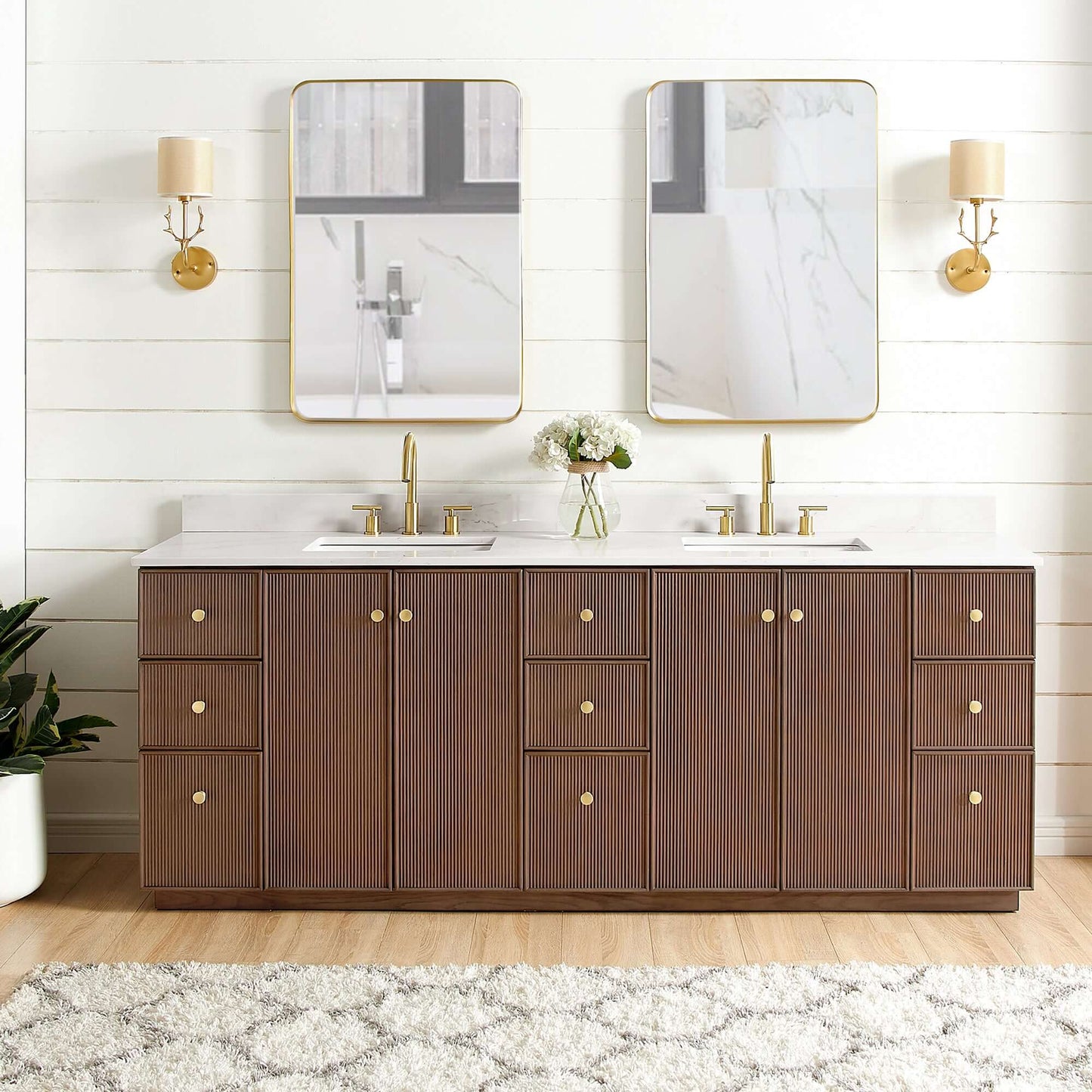 Vinnova Oza 84-inch free-standing double bathroom vanity in aged dark brown oak with Fish Maw white quartz stone top