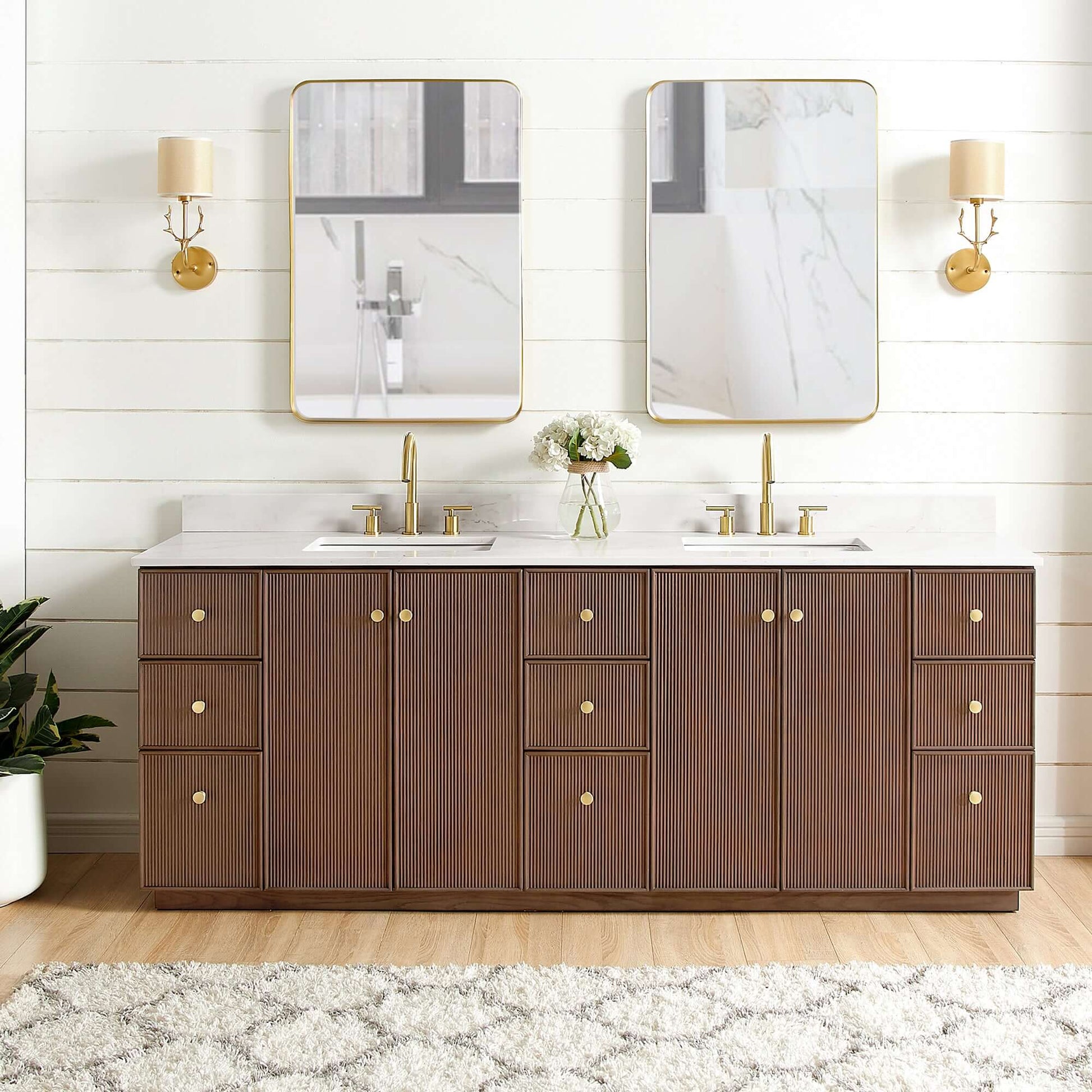Vinnova Oza 84-inch free-standing double bathroom vanity in aged dark brown oak with Fish Maw white quartz stone top