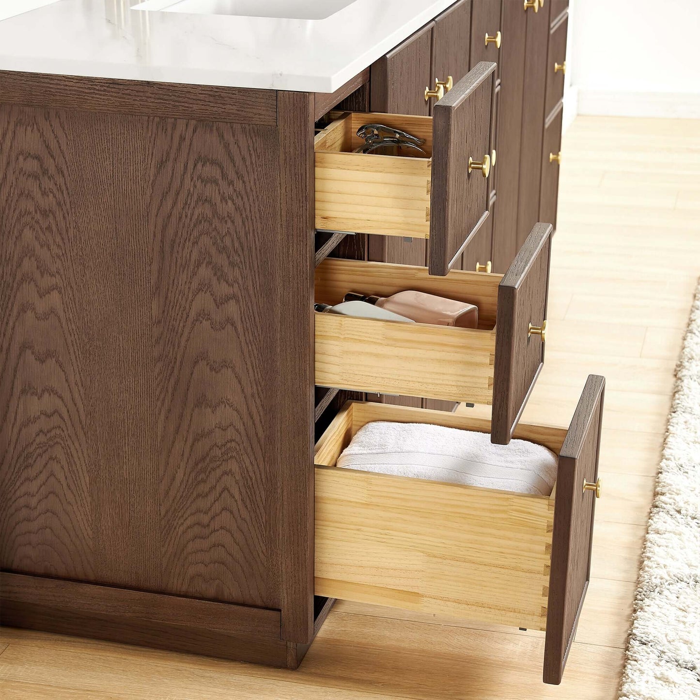 Vinnova Oza 84-inch free-standing double bathroom vanity in aged dark brown oak with Fish Maw white quartz stone top
