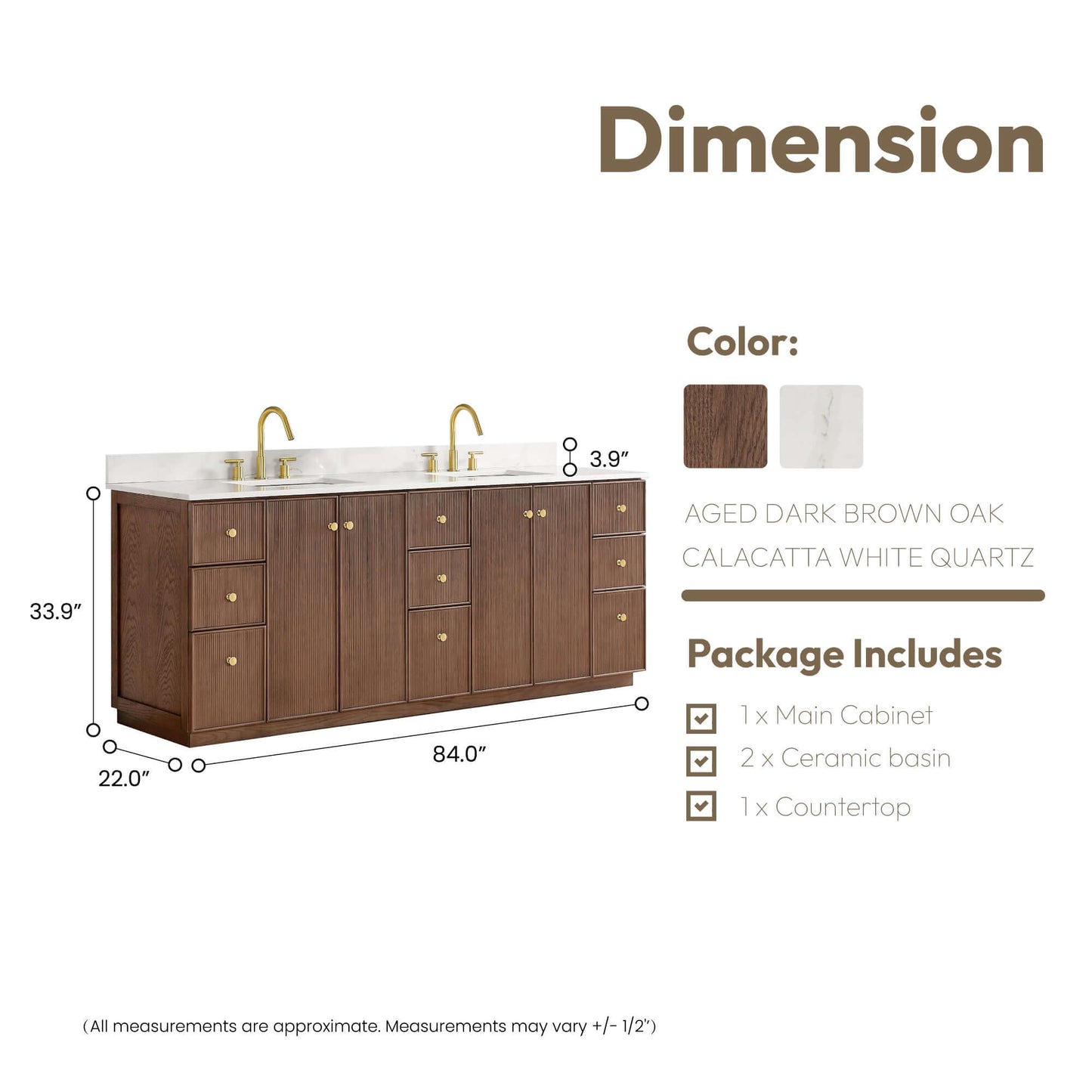Vinnova Oza 84-inch free-standing double bathroom vanity in aged dark brown oak with Fish Maw white quartz stone top