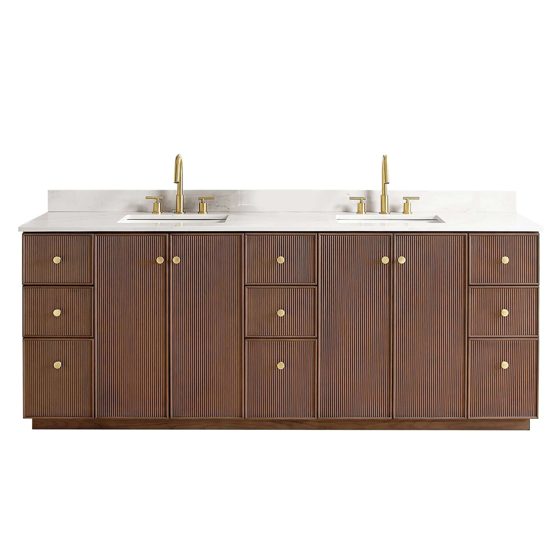 Vinnova Oza 84-inch free-standing double bathroom vanity in aged dark brown oak with Fish Maw white quartz stone top