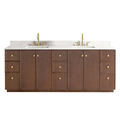 Vinnova Oza 84-inch free-standing double bathroom vanity in aged dark brown oak with Fish Maw white quartz stone top
