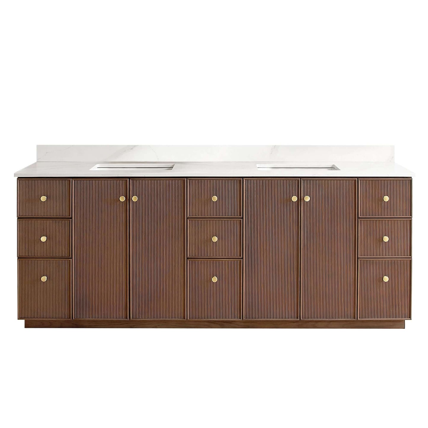 Vinnova Oza 84-inch free-standing double bathroom vanity in aged dark brown oak with Fish Maw white quartz stone top