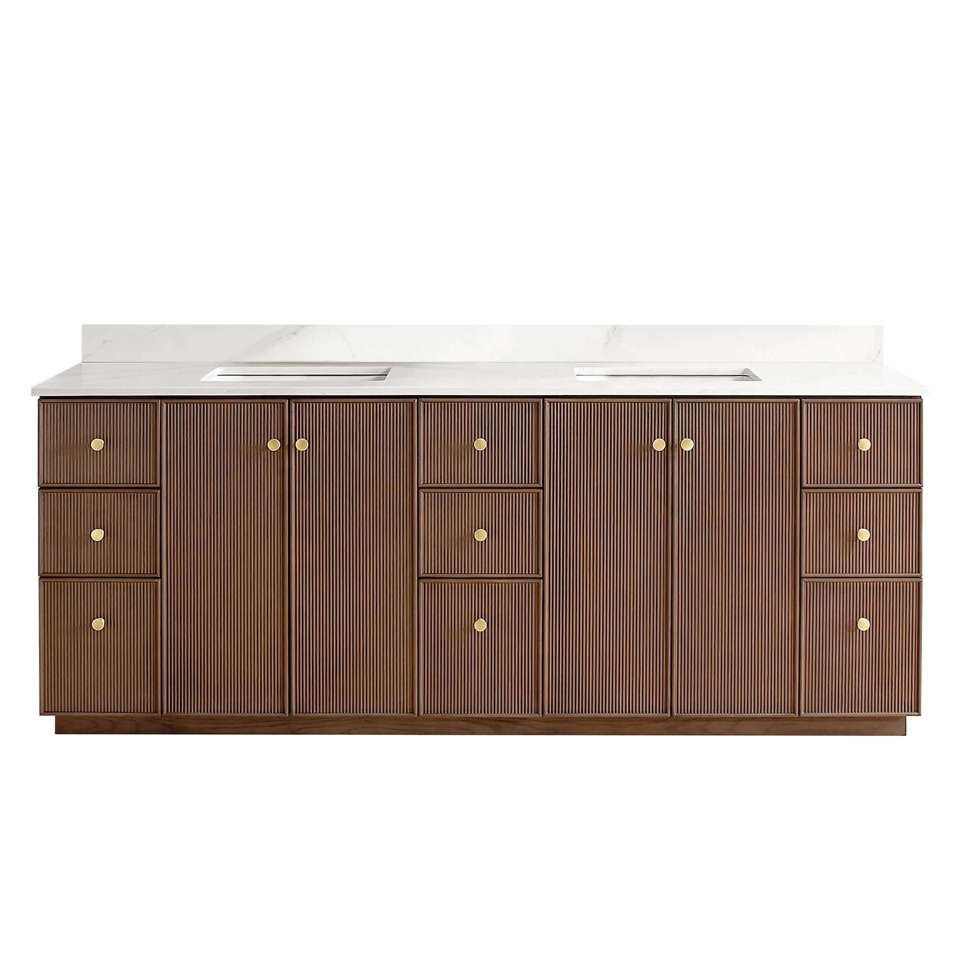 Vinnova Oza 84-inch free-standing double bathroom vanity in aged dark brown oak with Fish Maw white quartz stone top