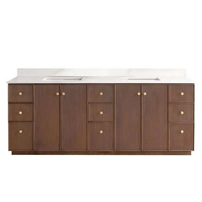 Vinnova Oza 84-inch free-standing double bathroom vanity in aged dark brown oak with Fish Maw white quartz stone top