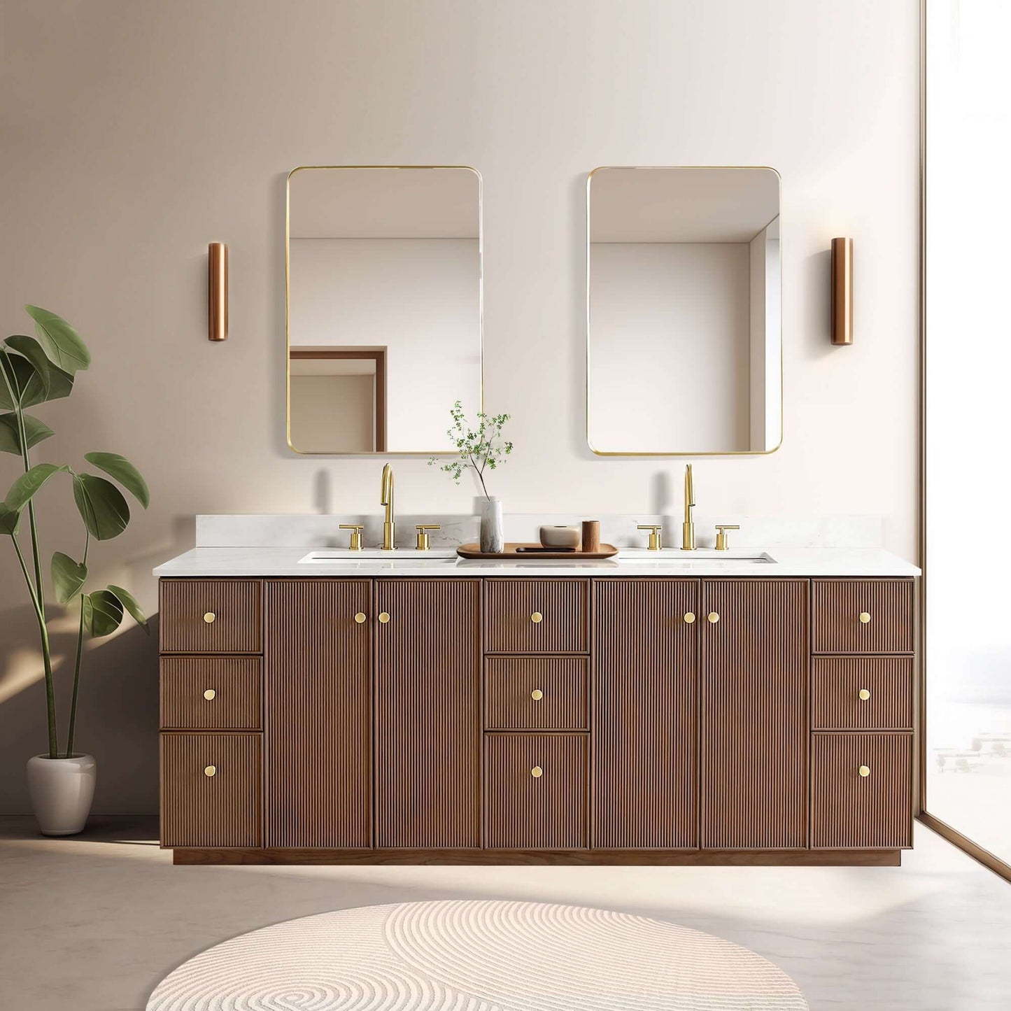 Vinnova Oza 84-inch free-standing double bathroom vanity in aged dark brown oak with Fish Maw white quartz stone top