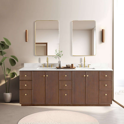 Vinnova Oza 84-inch free-standing double bathroom vanity in aged dark brown oak with Fish Maw white quartz stone top