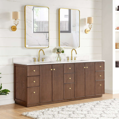 Vinnova Oza 84-inch free-standing double bathroom vanity in aged dark brown oak with Fish Maw white quartz stone top
