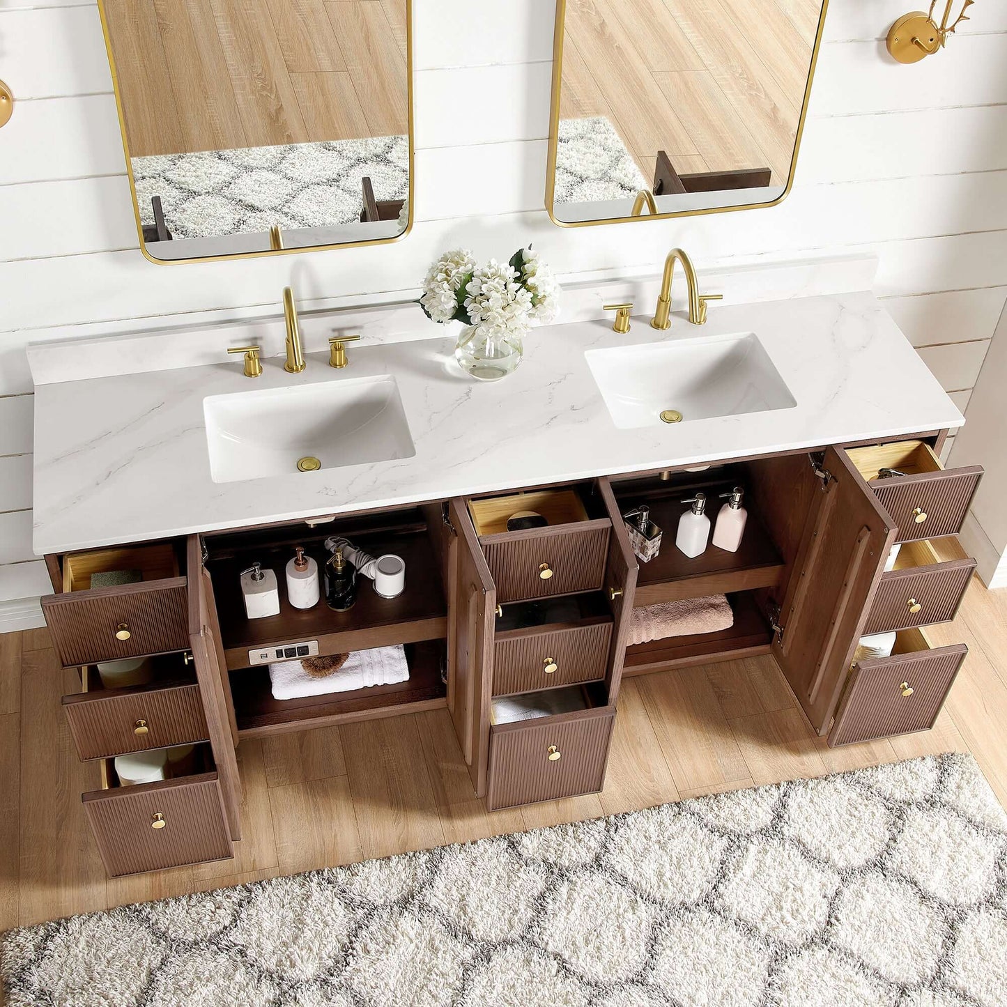 Vinnova Oza 84-inch free-standing double bathroom vanity in aged dark brown oak with Fish Maw white quartz stone top