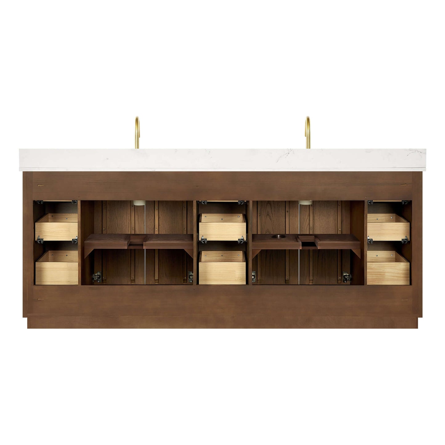 Vinnova Oza 84-inch free-standing double bathroom vanity in aged dark brown oak with Fish Maw white quartz stone top and mirror