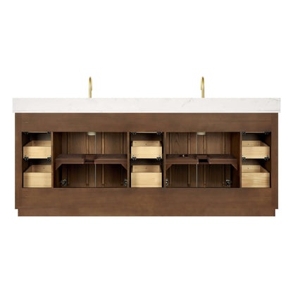 Vinnova Oza 84-inch free-standing double bathroom vanity in aged dark brown oak with Fish Maw white quartz stone top and mirror