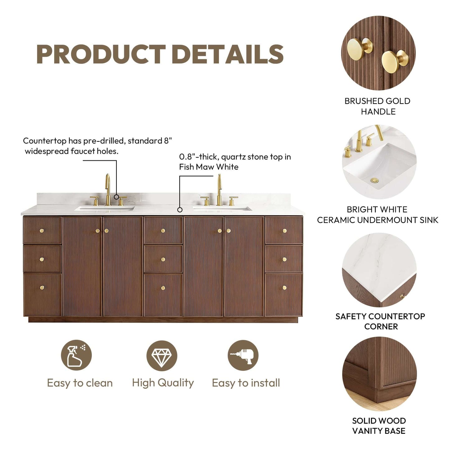 Vinnova Oza 84-inch free-standing double bathroom vanity in aged dark brown oak with Fish Maw white quartz stone top and mirror