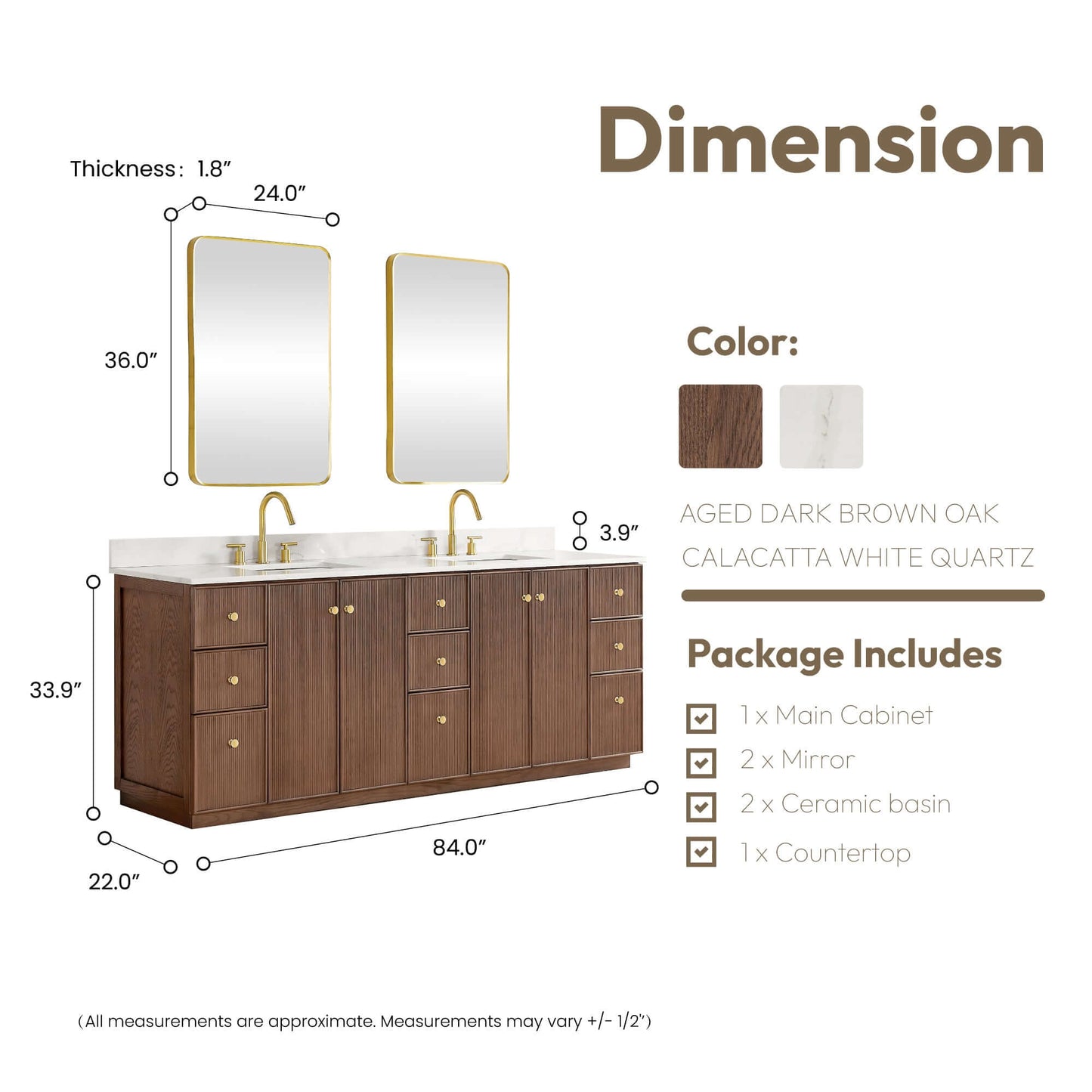 Vinnova Oza 84-inch free-standing double bathroom vanity in aged dark brown oak with Fish Maw white quartz stone top and mirror