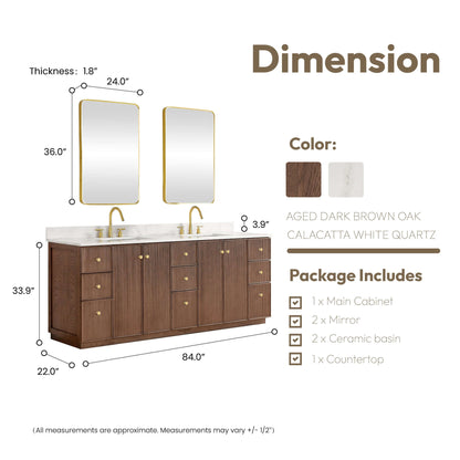 Vinnova Oza 84-inch free-standing double bathroom vanity in aged dark brown oak with Fish Maw white quartz stone top and mirror