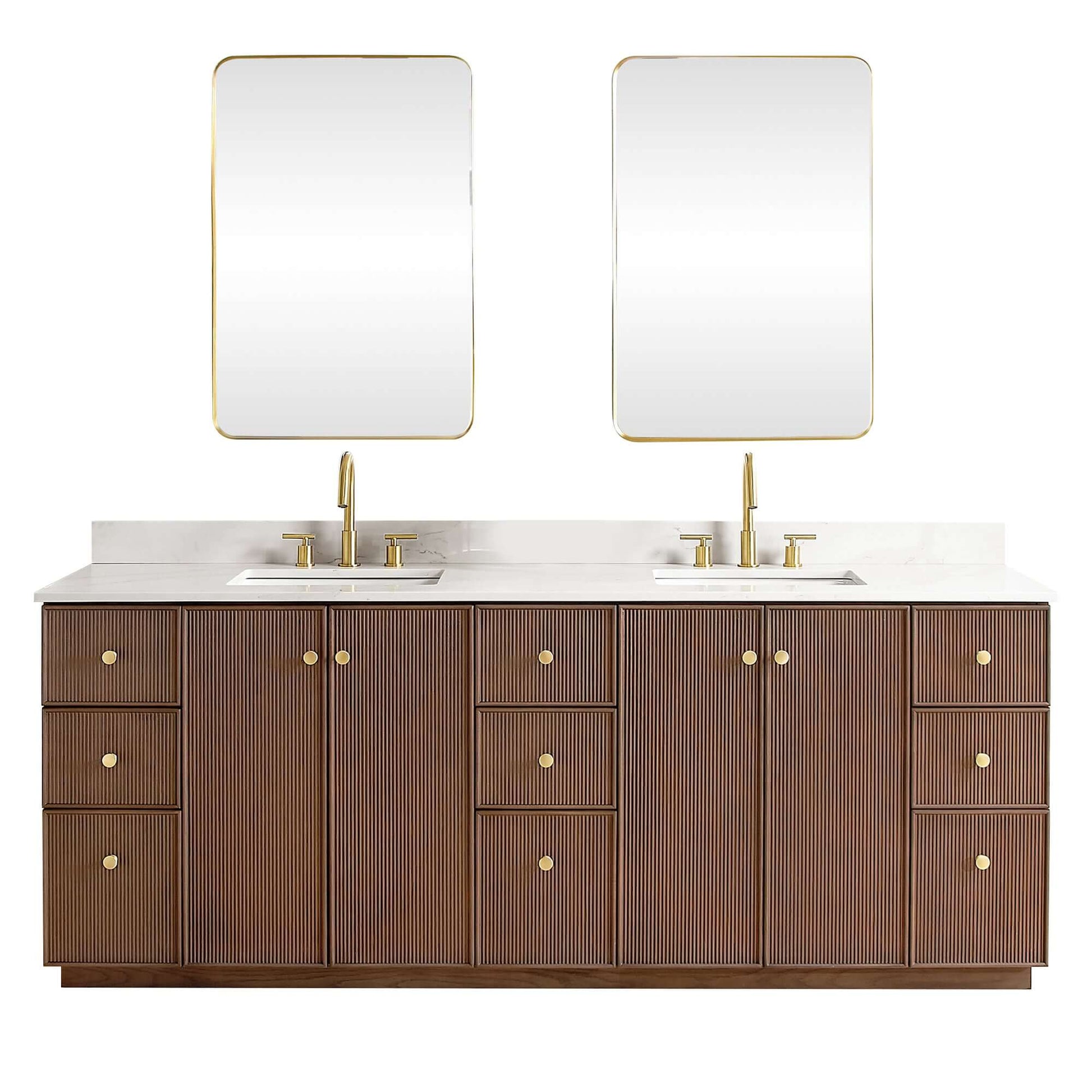 Vinnova Oza 84-inch free-standing double bathroom vanity in aged dark brown oak with Fish Maw white quartz stone top and mirror