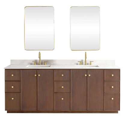 Vinnova Oza 84-inch free-standing double bathroom vanity in aged dark brown oak with Fish Maw white quartz stone top and mirror
