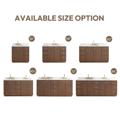 Vinnova Oza 84-inch free-standing double bathroom vanity in aged dark brown oak with Fish Maw white quartz stone top and mirror