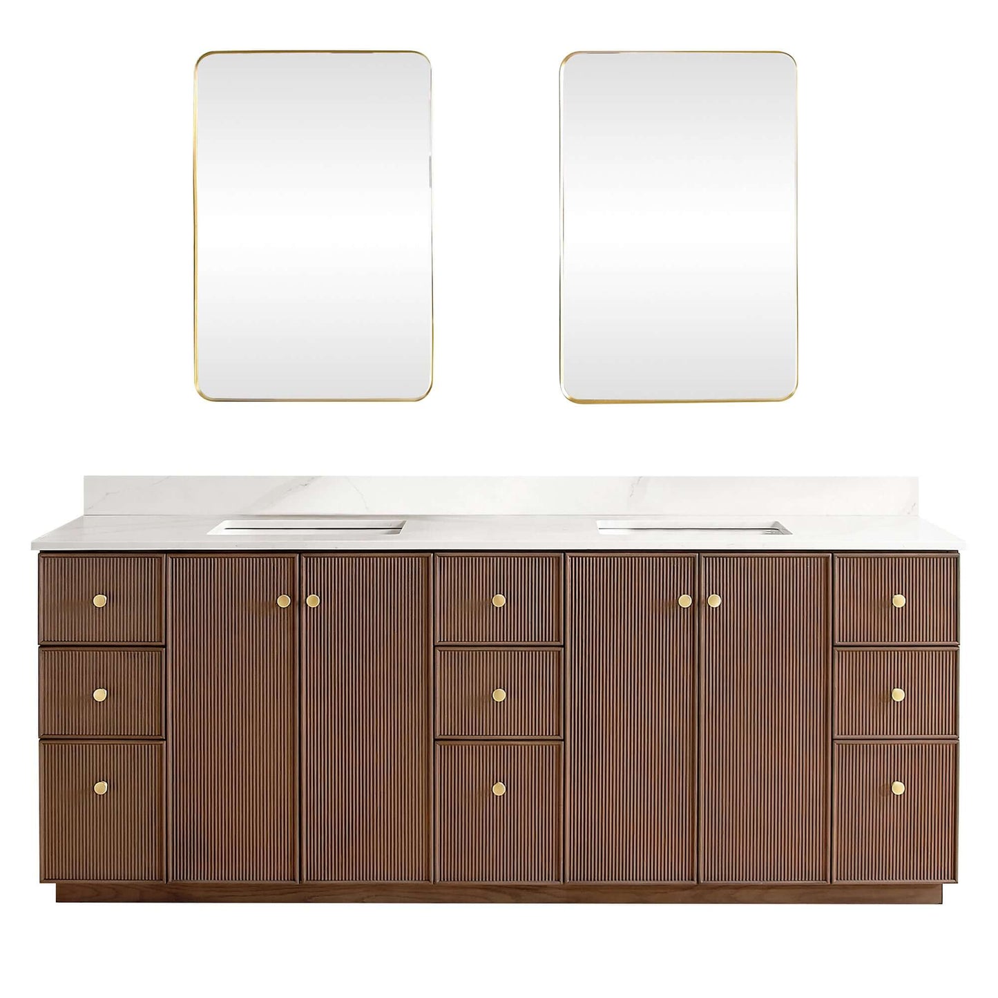 Vinnova Oza 84-inch free-standing double bathroom vanity in aged dark brown oak with Fish Maw white quartz stone top and mirror