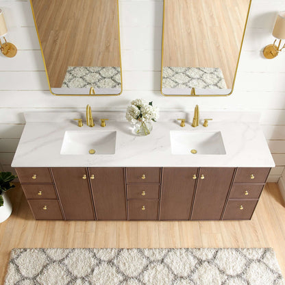 Vinnova Oza 84-inch free-standing double bathroom vanity in aged dark brown oak with Fish Maw white quartz stone top and mirror