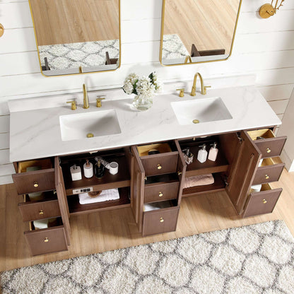 Vinnova Oza 84-inch free-standing double bathroom vanity in aged dark brown oak with Fish Maw white quartz stone top and mirror